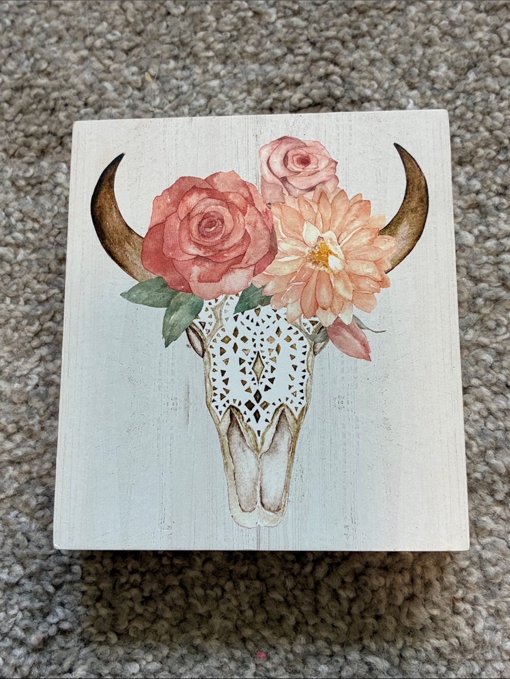 Floral Bull Skull Art - Pink & Peach Flowers